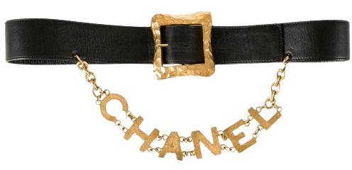 Chanel Gold Black Leather Logo Charm Chain Belt