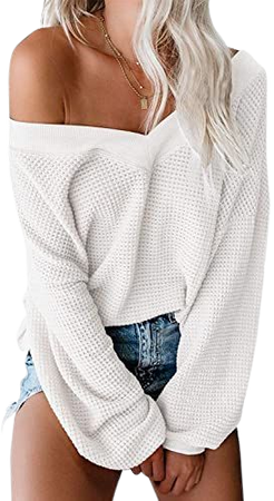 ReachMe Women's Oversized Off Shoulder Pullover Tops Long Sleeve Loose Fit Waffle Knit Tops at Amazon Women’s Clothing store