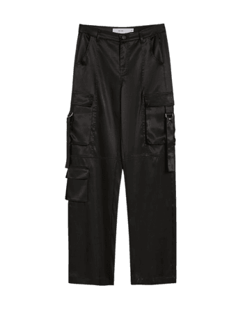 Wide-leg satin cargo pants - Pants - Woman | Bershka