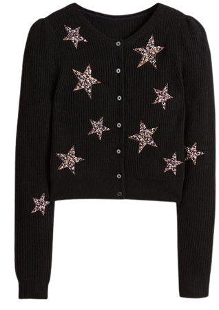Embellished Ribbed Cardigan - Black, Embellished Stars | Boden US