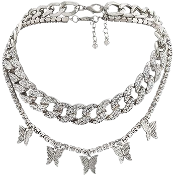 Amazon.com: Nanafast Cuban Link Chain Butterfly Necklace Iced Out Zirconia Butterfly Pendant Hip Hop Choker Layered Necklace for Women Girls-Silver-cuban+tennis: Clothing, Shoes & Jewelry
