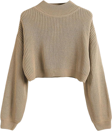 SweatyRocks Women's Long Sleeve Mock Neck Cropped Sweater Drop Shoulder Pullover Sweater Lantern Sleeve Ribbed Knit Crop Top Mocha Brown S at Amazon Women’s Clothing store