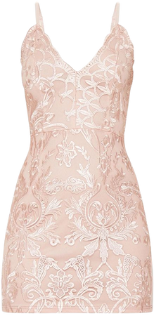 Dusty Pink Embroidered Lace Detail Plunge Bodycon Dress | PrettyLittleThing USA