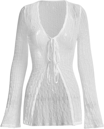 Verdusa Women's Tie Front Long Sleeve Deep V Neck Sheer Top Longline Blouse Black S at Amazon Women’s Clothing store