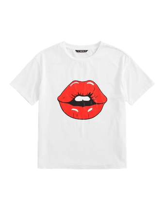 Red Lip Print Tee | SHEIN USA white