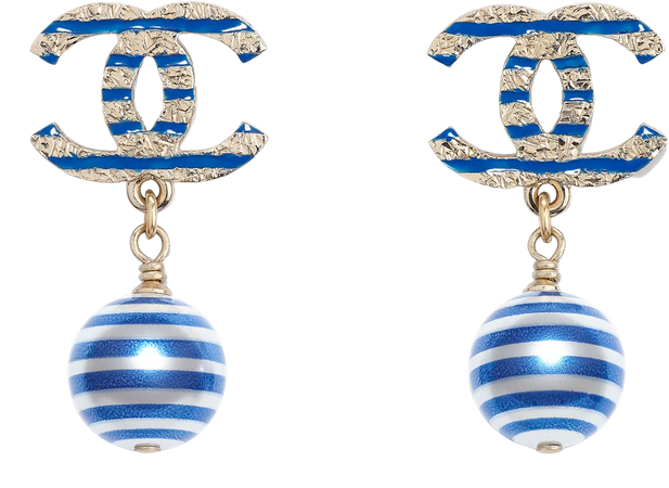 Metal, Glass Pearls & Resin Gold, Pearly White & Blue Earrings | CHANEL