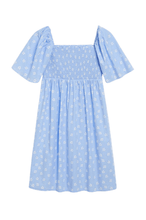 Blue shirred midi dress - Blue with white flowers - Midi dresses - Monki WW