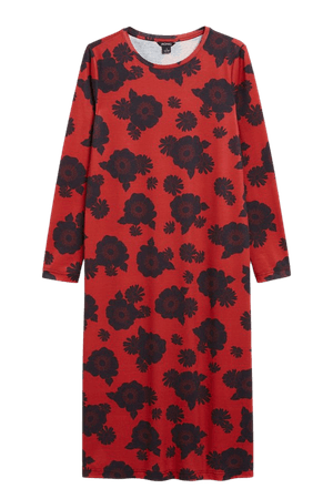 Black floral long sleeve midi dress - Red with black flowers - Monki WW
