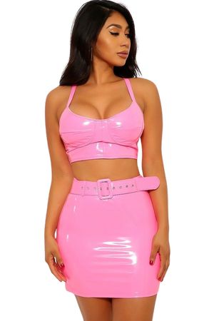 pink latex outfit
