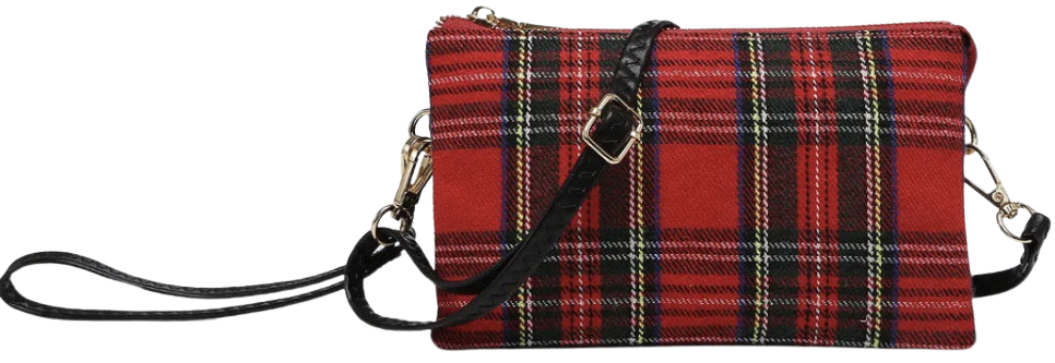 red and black plaid purse