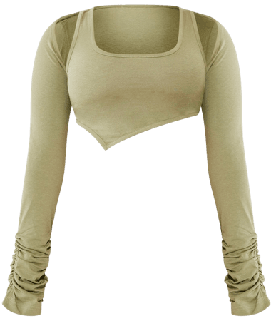 Khaki Jersey Crop Cold Shoulder Ruched Long Sleeve Top | PrettyLittleThing USA