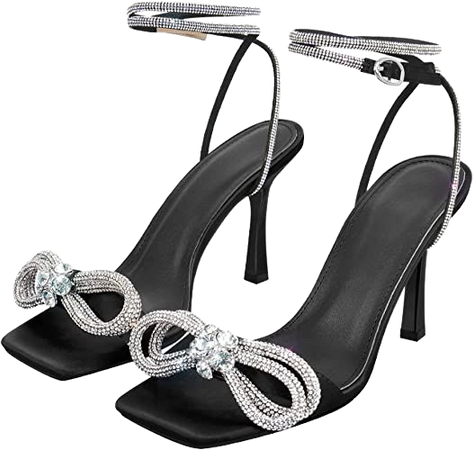Amazon.com | Strappy Heel Black for Women with Ankle Strap Bow knot Square Open Toe Heel Rhinestone Stiletto Heel Sandals for Party Open Toe Comfy Mid Heel Mules Size 9 | Heeled Sandals