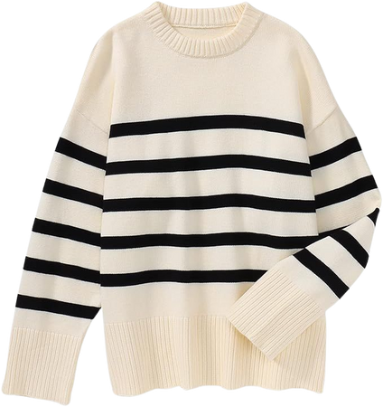 BOUTIKOME Women's Striped Sweater Black and White Striped Sweater Side Slit Knit Long Sleeve Crewneck Pullover Loose Top at Amazon Women’s Clothing store