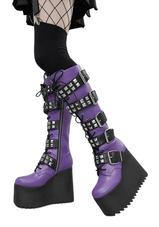 Widow Studded Buckle Knee High Platform Boots - Purple/Black – Dolls Kill