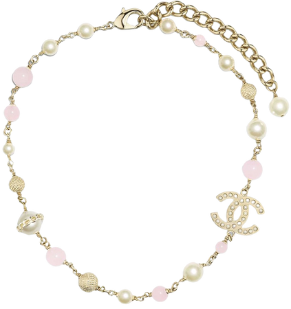 Metal, Natural Stones, Glass Pearls & Imitation Pearls Gold, Pearly White & Pink Necklace | CHANEL