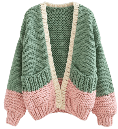 Color Blocked Hand-Knit Chunky Cardigan in Green - Retro, Indie and Unique Fashion