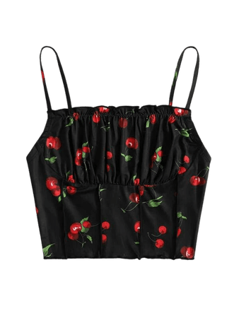 black Ruched Bust Seam Front Cherry Print Cami Top | SHEIN USA