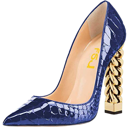 Amazon.com | FSJ Women Gold Metal Chain Chunky High Heel Pointed Toe Slip On Fashion Pumps Shoes Size 4-15 US | Pumps