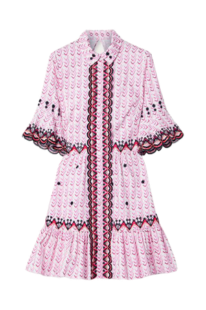 Poet Embroidered Printed Cotton-poplin Mini Dress - Pink