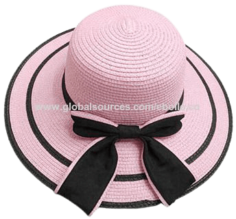 China Pink Beach Hat with Black Outline, Elegant Bow Embellished on Global Sources,Paper Straw Hat,Beach Hat,Women's Hat