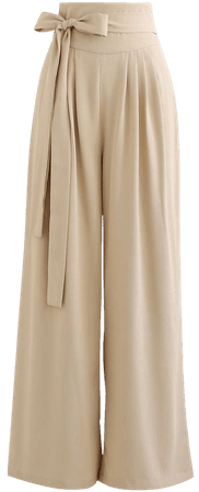 Bowknot High Waist Wide-Leg Pants in Light Tan - Retro, Indie and Unique Fashion