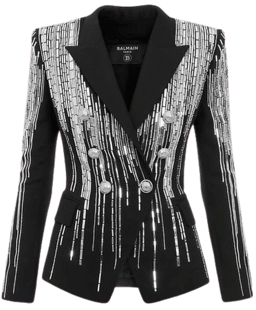 Black Sequinned Blazer With Double Breasted Silver Tone Buttoned Fastening And Embroidery for Women - Balmain.com