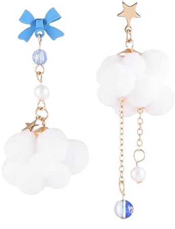 GPASTG Cute Handmade Lightweight Asymmetrical White Clouds Star Chain Dangle Drop Stud Earrings