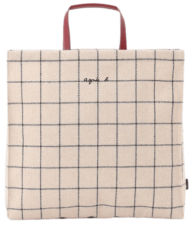 beige checked wool shopping bag
