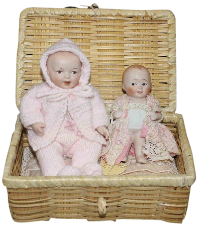 Two All Bisque Baby Dolls with Wicker Bed : HoneyandShars | Ruby Lane