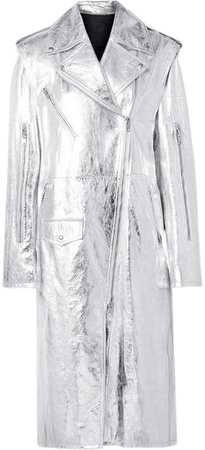 Convertible Metallic Leather Trench Coat - Silver