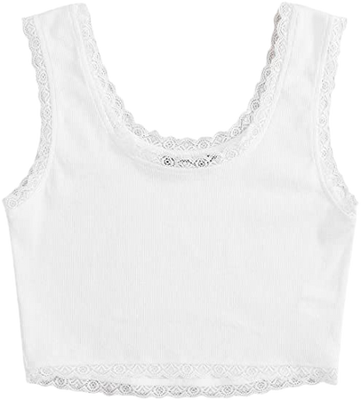 Verdusa Women's Scoop Neck Sleeveless Contrast Lace Solid Ribbed Tank Crop Top White L at Amazon Women’s Clothing store