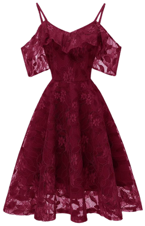 Red Ruffles Lace Cold Shoulder Chic A Line Prom Dress