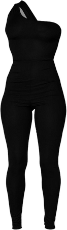 Black One Shoulder Back Detail Rib Jumpsuit | PrettyLittleThing USA