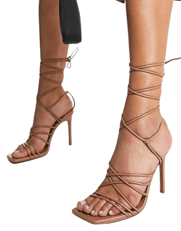 ASOS DESIGN Nina strappy tie leg heeled sandals in beige | ASOS