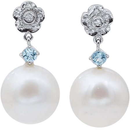 1980 White Pearls, Aquamarine, Diamonds, Platinum Dangle Earrings