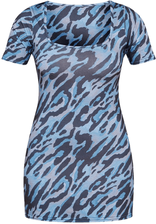 Blue Leopard Print Square Neck Shift Dress | PrettyLittleThing USA