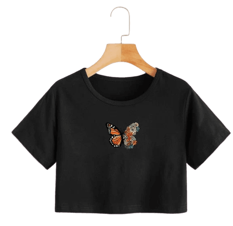 Butterfly And Floral Print Tee | SHEIN USA black