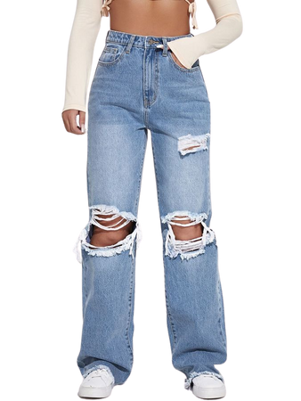 SHEIN EZwear Ripped Cutout Wide Leg Jeans | SHEIN USA