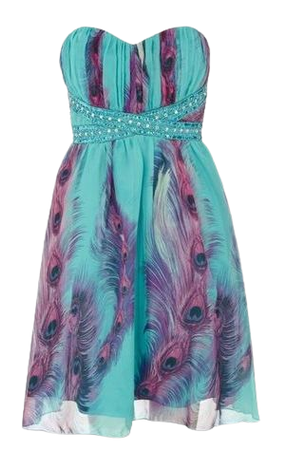Turquoise & Purple Feather Strapless Dress