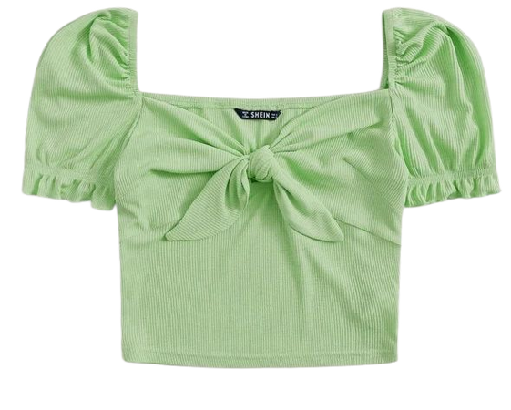 Puff Sleeve Tie Front Rib-knit Crop Top | SHEIN USA green