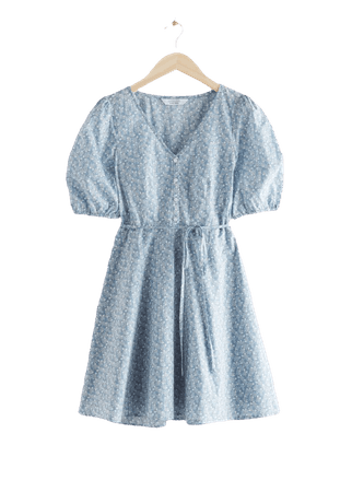 V-Neck Puff Sleeve Mini Dress - Blue Florals - Midi dresses - & Other Stories