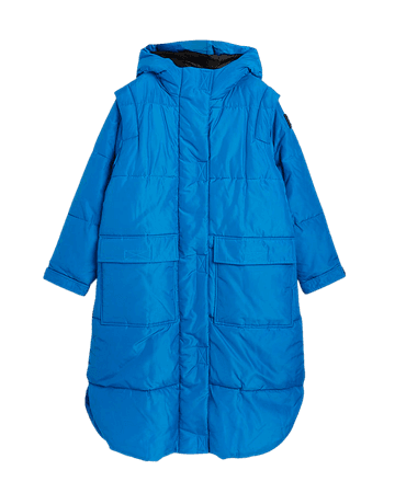 Blue padded longline hooded puffer jacket | River Island