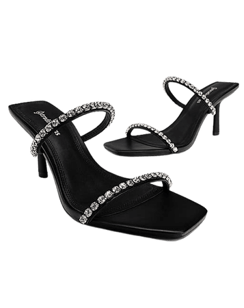 Stradivarius mid heeled mules with rhinestone straps in black | ASOS