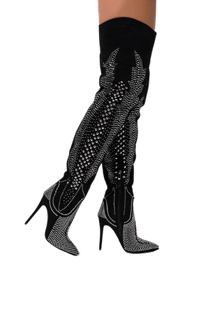 AZALEA WANG Sexy Studded Faux Suede Pointed Toe Stiletto Heel Thigh High Boot In Black Suede Diamonds