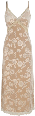 Velvet Floral Pattern Lace Trim Maxi Dress - Cider