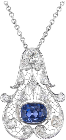 GIA Certified 5.07 Blue Sapphire Diamond Platinum Art Deco Pendant Necklace For Sale at 1stDibs