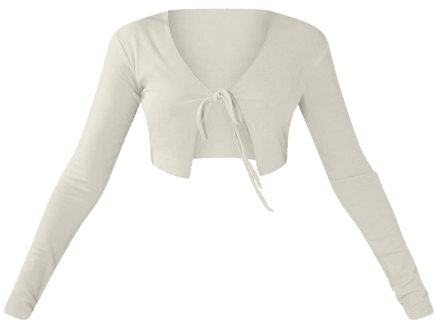 Cream Rib Tie Front Frill Hem Long Sleeve Crop Top | PrettyLittleThing CA