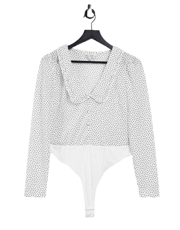 Miss Selfridge bodysuit with ruffle detail in white polka dot | ASOS