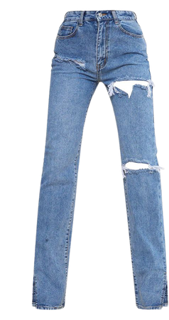 Tall Mid Blue Wash Ripped Split Hem DENIM Jeans | PrettyLittleThing USA