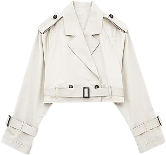 Amazon.com: Faleave Womens Cropped Jacket Long Sleeve Belted Trench Coat Solid Color : Clothing, Shoes & Jewelry